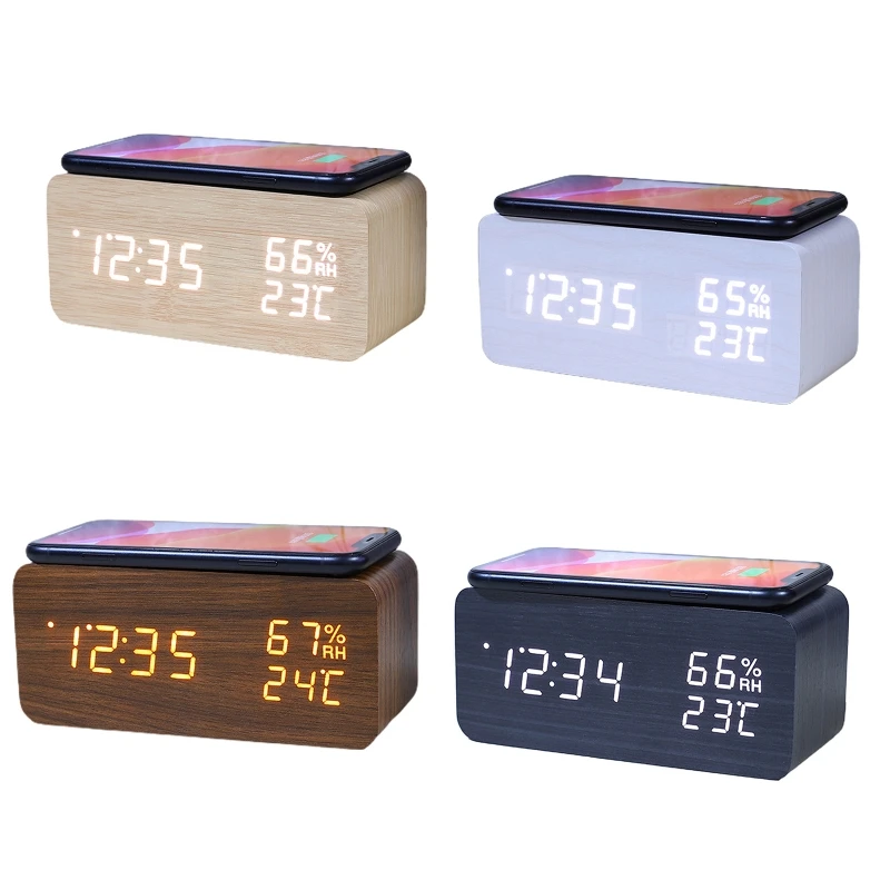 

E9LB Wood LED Clocks Temperature Date Display Alarm Clock for Travel Office Bedroom Bedside USB AAA Battery Power Supply
