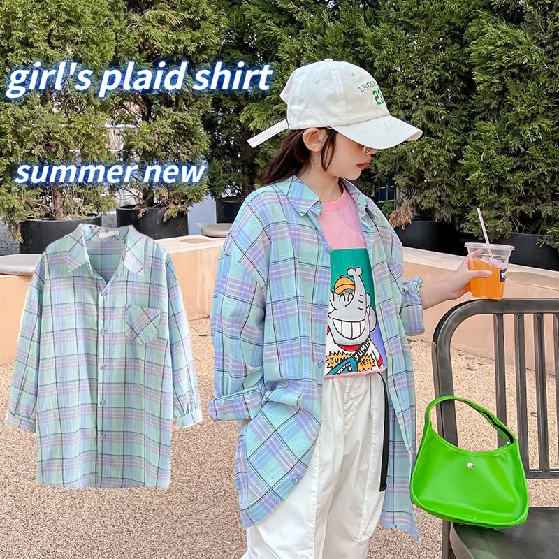 

Shirts for Teenage Girls Summer New Kids Clothing Casual Loose Girl Plaid Blouse Long Children Thin Street Fashion Tops 10 12 Y
