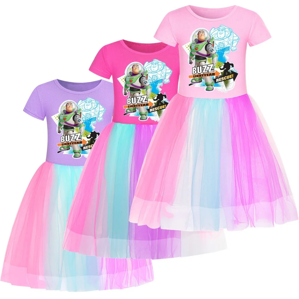 

DisneyToy Story 4 Buzz Lightyear Cotton Summer Short Sleeve Dress Cartoon Print Baby Girls Clothes 2-12 Years