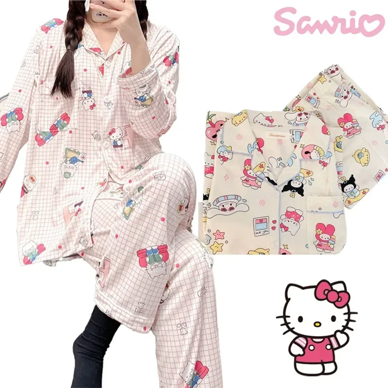 

Sanrio Hello Kitty Kuromi Pajamas Women Autumn Cardigan Lapel Wind Pajamas Long Sleeve Two Piece Sets Girls Can Be Worn Outside