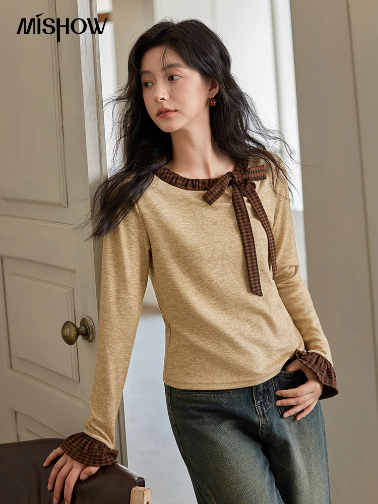 MISHOW вязаный свитер с бантом женский повседневный клетчатый низ топ 2024 осень-зима