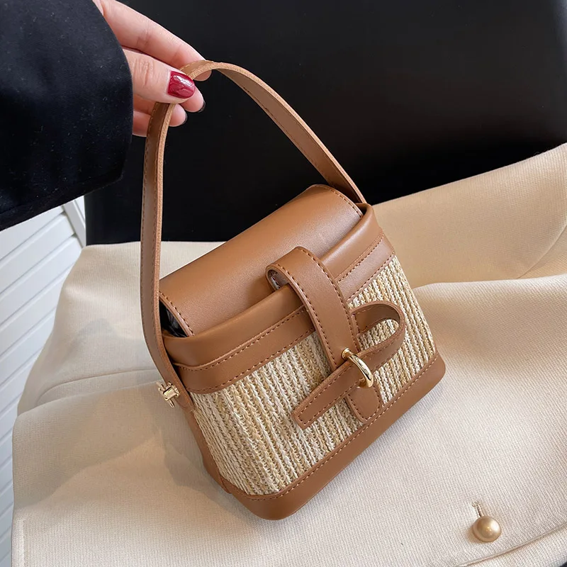 

Mini Straw Bucket Bags for Women 2022 Summer Trendy Crossbody Bags Lady Travel Purses and Handbags Female Shoulder Simple Bag