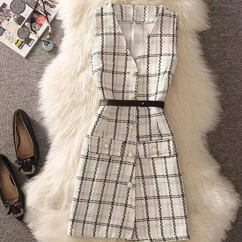 

Autumn Winter Houndstooth Tweed Wool Blends Vest Women V-neck Slim Waist Single Breasted Sleevelss Outwear