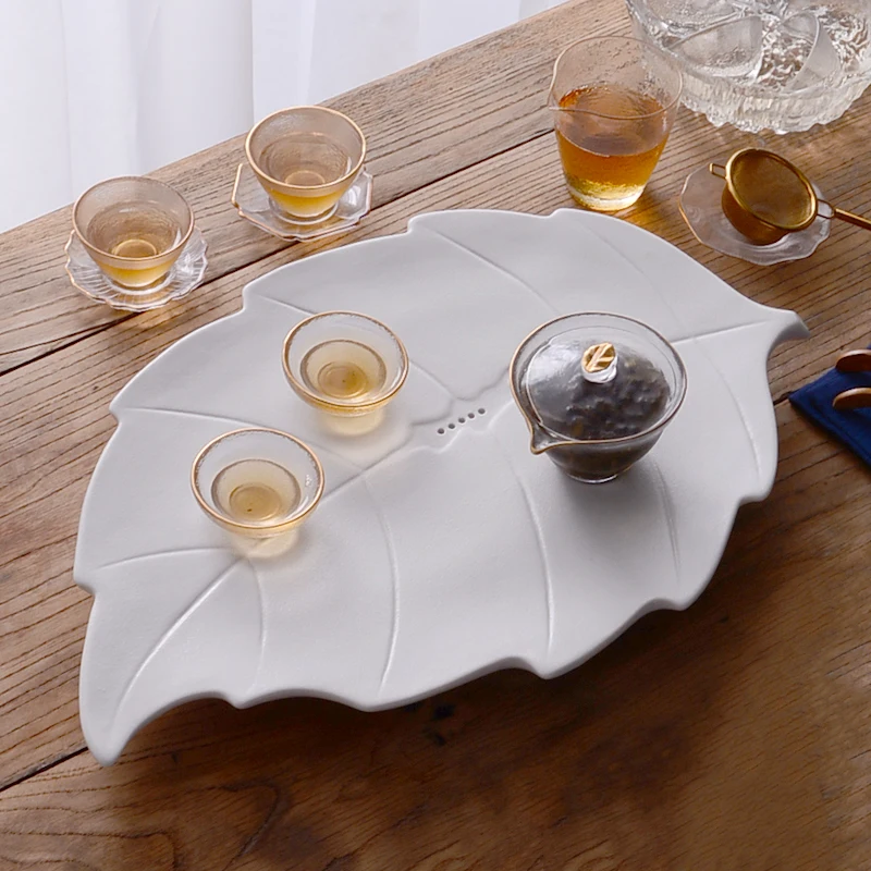 

Household ceramic tea tray creative leaf-shaped white porcelain drainage tray Kung Fu tea table dry and wet dual-purpose tea