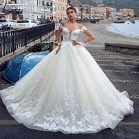 elegant ball gown wedding dresses tull court train buttons vestido de novia long sleeves lace appliques bridal gowns custom made