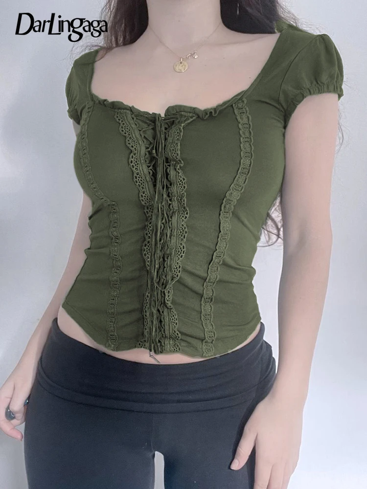 

Darlingaga Y2K Fairycore Chic Vintage Summer Tee Shirts Lace Patchwork Slim Cute Clothes 90s Korean Female T-shirts Tops Tie Up