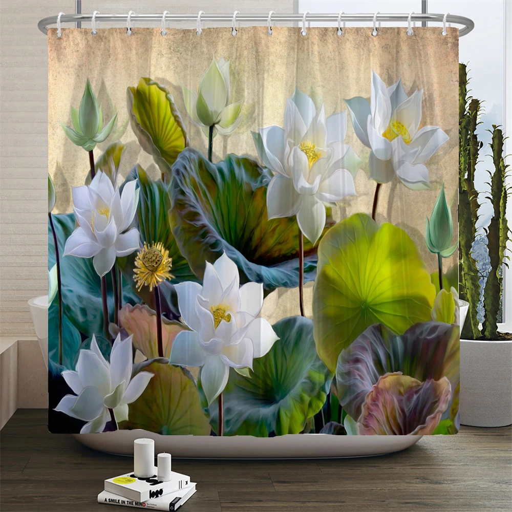 

Beautiful Flowers and lotus Shower Curtain for Bathroom Waterproof with Hooks Anti Mould Dry Wet Separation Bathroom Curtain