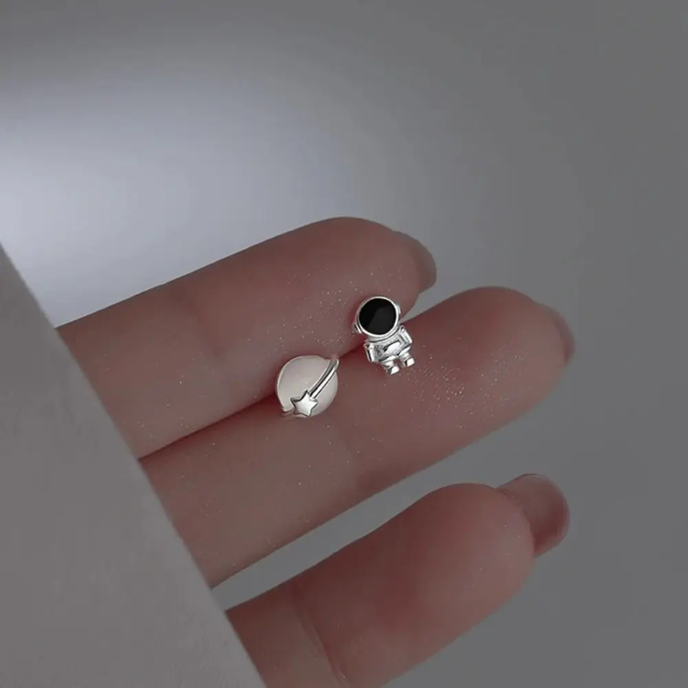 

1 Pair Asymmetric Cute Space Astronaut Planet Opal Stud Earrings for Women Silver Plated Ear Piercing Jewelry