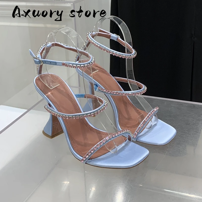 New Open Toe High Heels Women Women's Sandals with One Strap New Fairy Fashion All-Match Square Toe Rhinestone