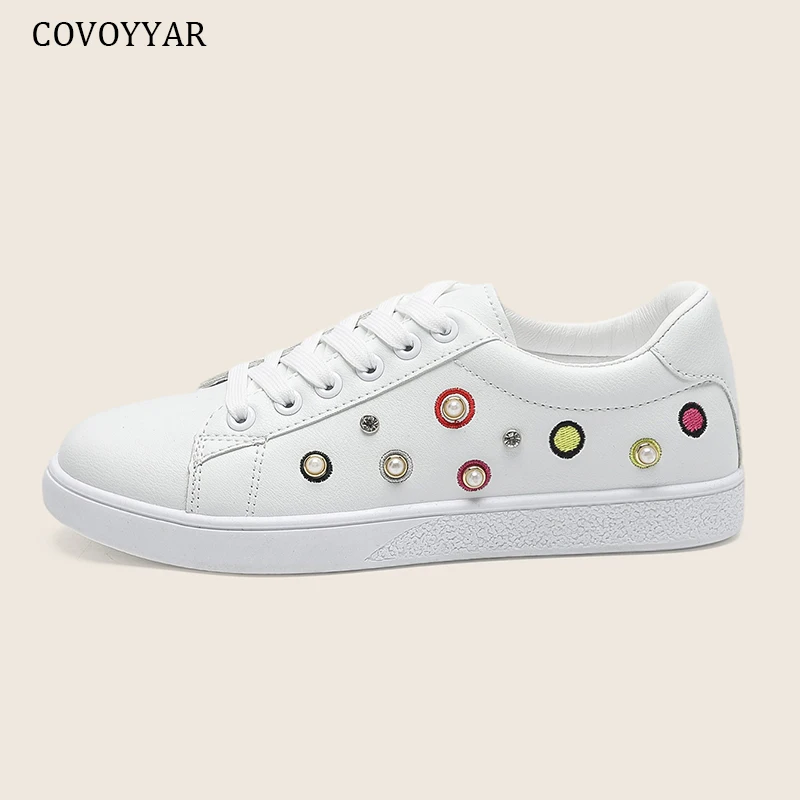 

Кроссовки COVOYYAR женские с вышивкой, модная спортивная повседневная обувь в горошек, на шнуровке, теннисные туфли для скейта, белые, WSN492
