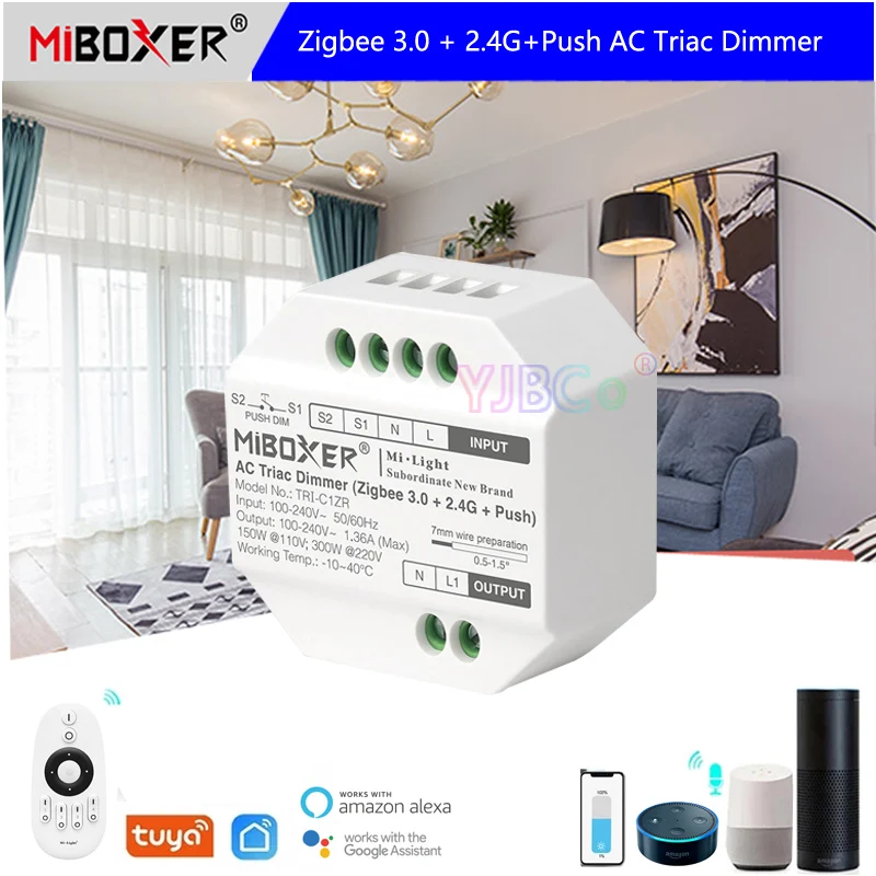 

Miboxer TRI-C1ZR Zigbee 3.0+2.4G AC Triac Dimmer Push Switch 110-240V App/Voice/Remote Control , for triac Dimmable LED Lamps