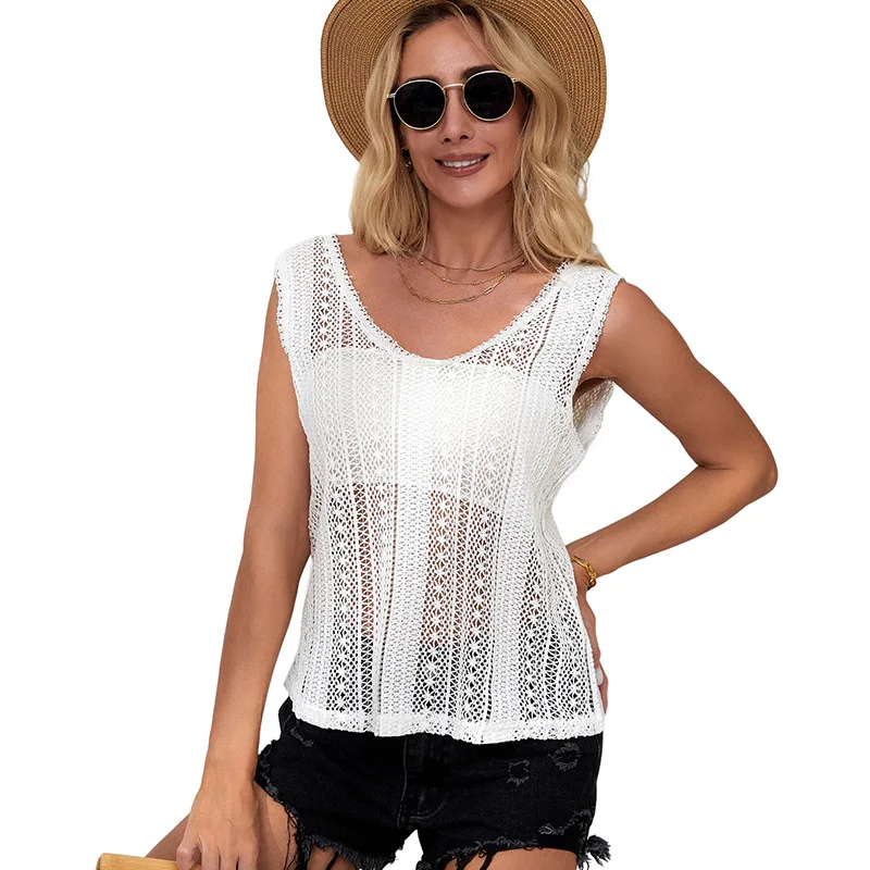 

Женский кружевной пуловер без рукавов, белый ажурный топ на лето