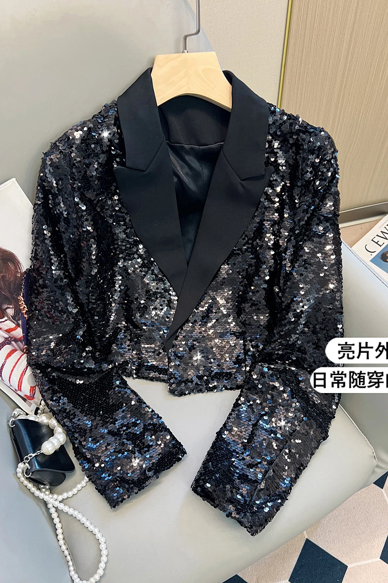 Fall 2022 New Fashion Design Heavy Glitter Suit Jacket Female Temperament Long Sleeve Short Blazer for Women All-matching
