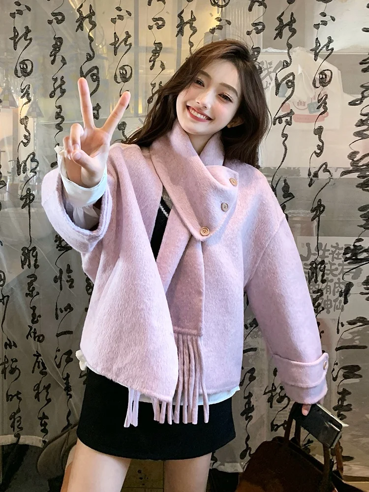 Фиолетовое двустороннее шерстяное пальто женское короткое 2024 зимняя корейская