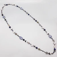 folisaunique black white zebra agate gray labradorite necklace black gray freshwater pearls blue cubic zirconia long necklace