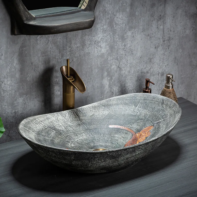 

Wash Basin Home Retro Ceramic Washbasin Splash-Proof Large and Small Size Art Basin Balcony Single Basin Basin