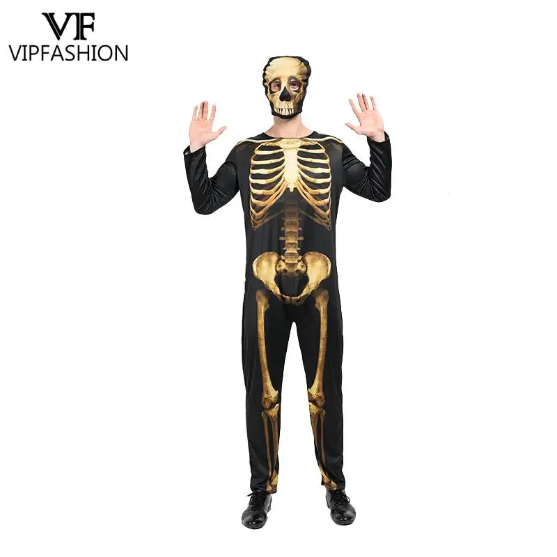 

ВИП Мода Хэллоуин Смешной очим вечерние Золотой Скелет Печатный Косплей костюмы мужской костюм Catsuit для взрослых