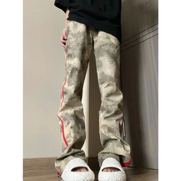 

Американские камуфляжные джинсы в стиле ретро для женщин, весенние свободные брюки на молнии с высокой талией, женские прямые брюки-карго Y2k E-Girl для женщин