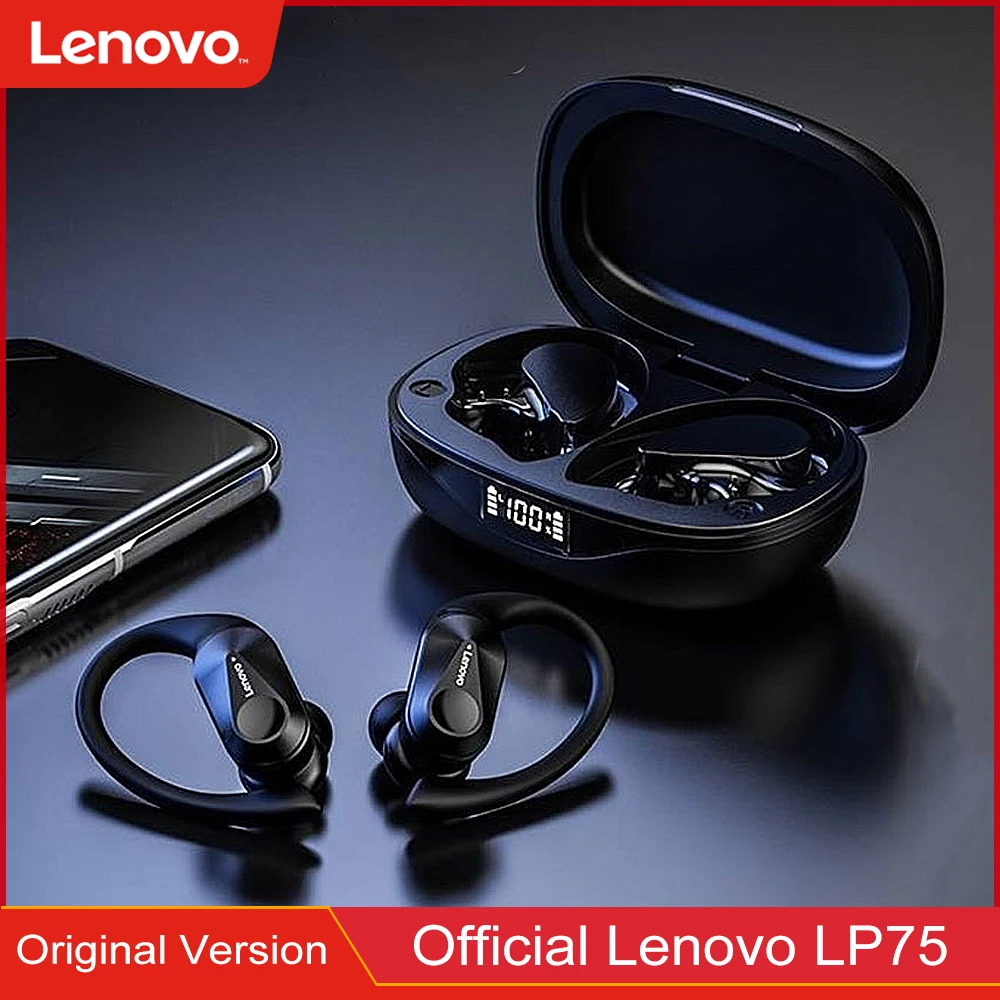 

Lenovo LP75 Sports Earphones with Mics Wireless Bluetooth-Compatible 5.3 Headphones HiFi Stereo Earbuds with Charging Case Black