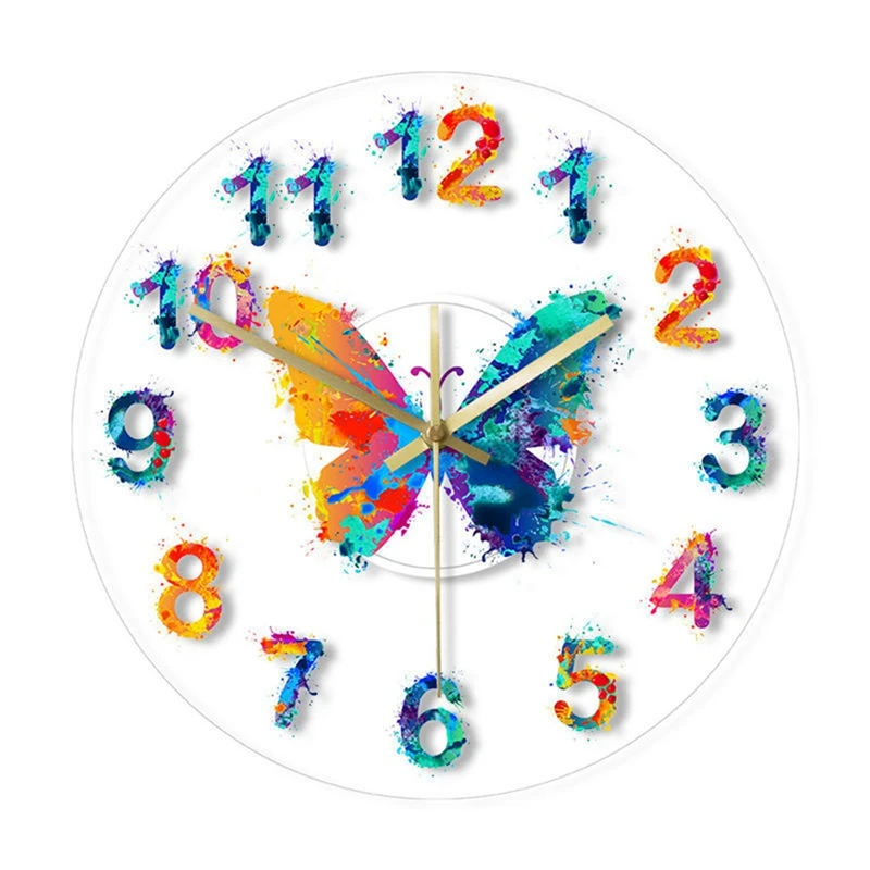 

Colorful Numbers Modern Wall Clock Watercolor Butterfly Painting Art Hanging Timepiece Home Decoration Wall Clock