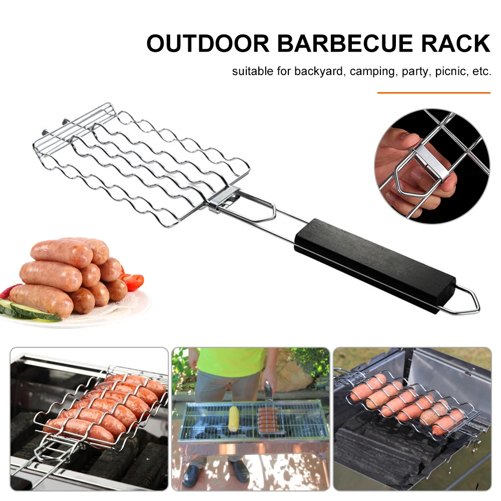 

Metal Mesh Baskets BBQ Barbecue Hot Dog Rack Sausage Grilling Basket Grill Rack Picnic Camping Accessories BBQ for Kitchen Tool