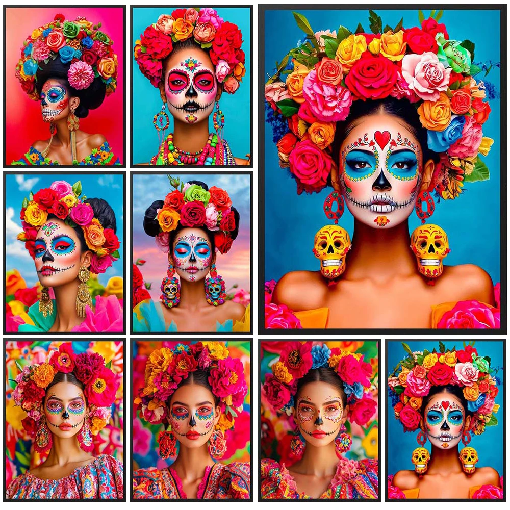 Мексиканский день мертвых цветы призрак лицо девушка женщина плакат настенная