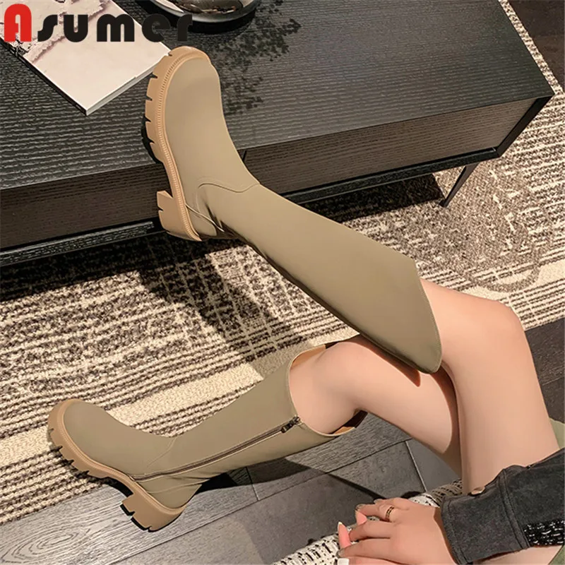

ASUMER 2023 New Hot Sale Ladies Autumn Knee High Boots Thick High Heels Shoes Genuine Leather Zipper Women Boots