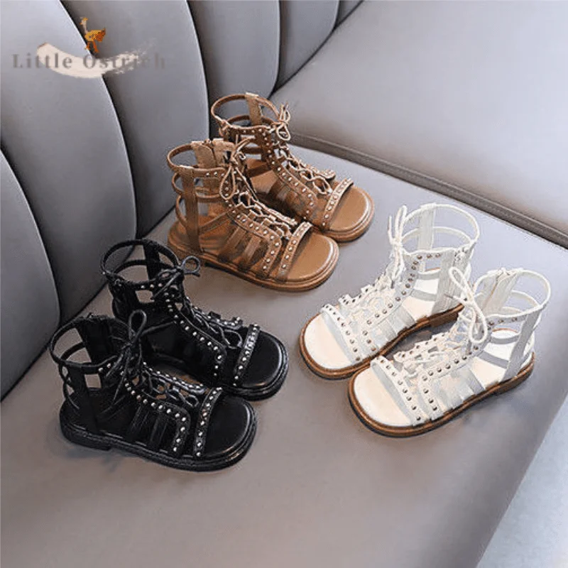 

Kids Girl Retro Rivet Zipper Princess Sandal Child Summer Casual Beach Boots Outdoor Anti-slip High Gang Roman Shoes Baby Shoes