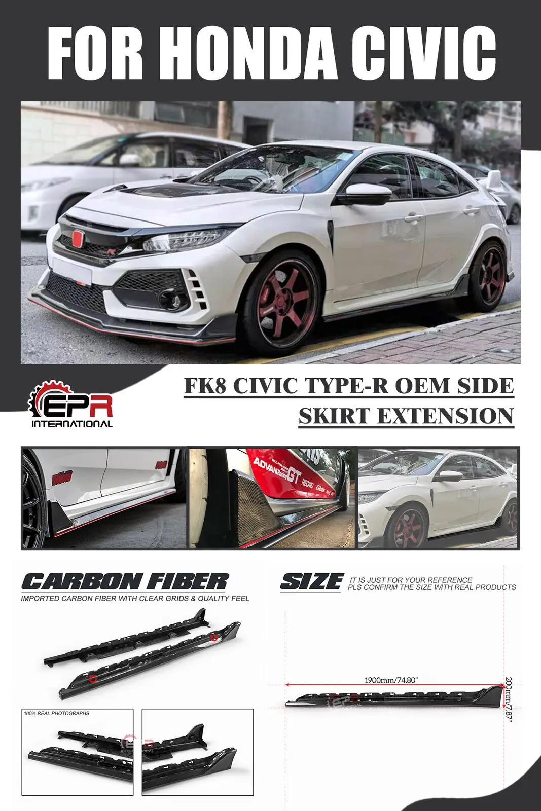 

(В наличии в США) для Honda FK8 Civic TyR OE углеродная Глянцевая боковая юбка удлинитель боковая губа