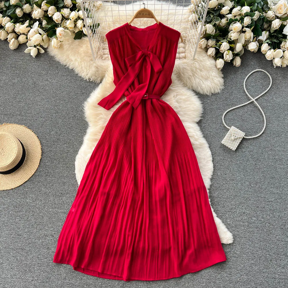 

Bohemian Vintage Slim waist bow bandage pleated long Dress Summer Party folds tank sundress Women tunic beach holiday Dress