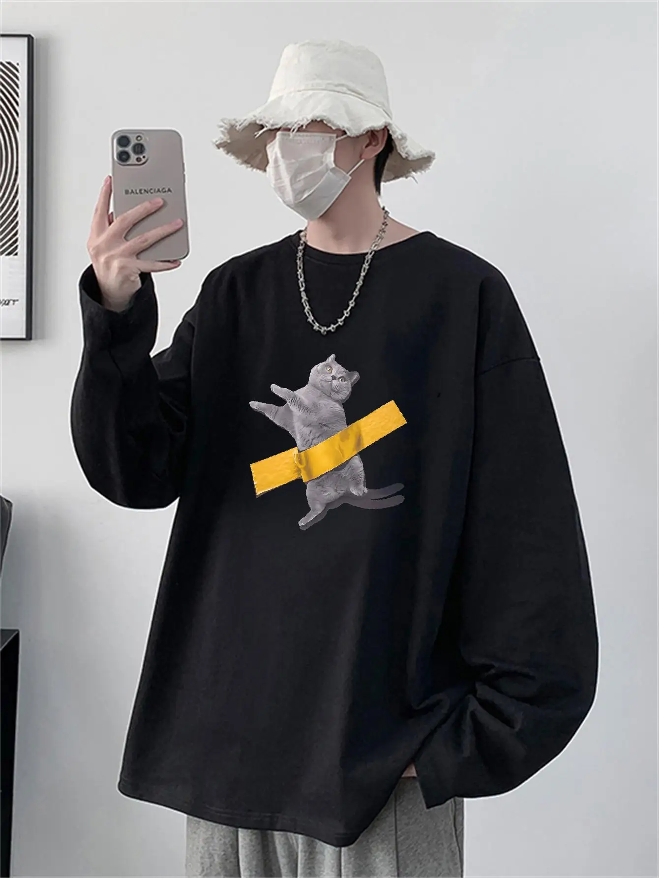 Футболка мужская оверсайз с забавным котом хлопок Kpop длинный рукав повседневная