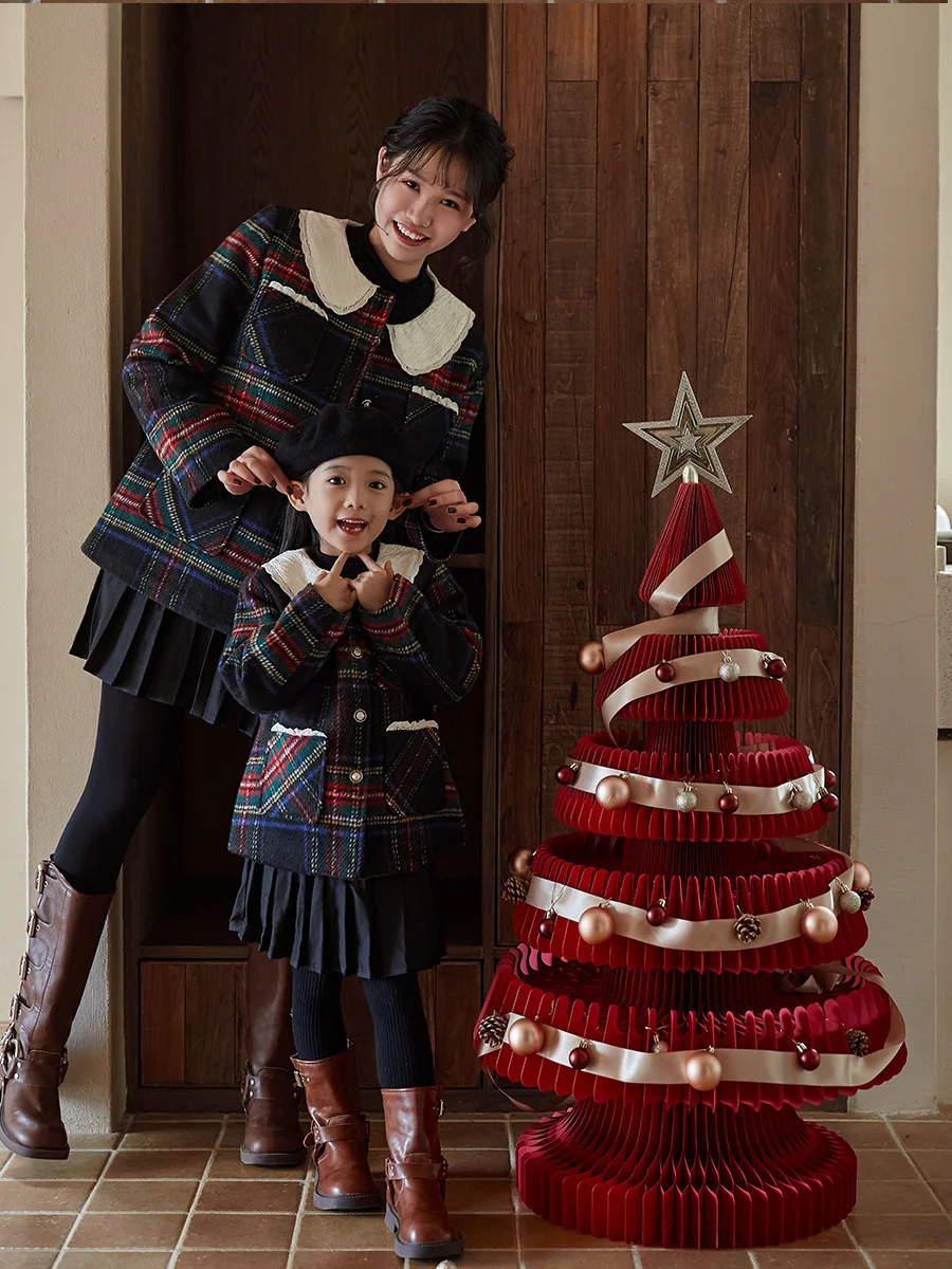 

Winter Christmas Family Matching Warm Coat Children Girl Thicken Plaid Coat Mother Daughter Matching Outfit