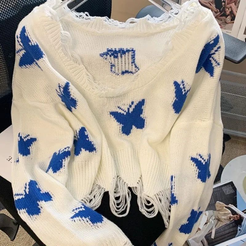 

Korean Fashion Graphic Knitted Sweater Woman Harajuku Sweet Oversized Cropped Tops Off Shoulder Casual Loose Jumper Y2K Kpop