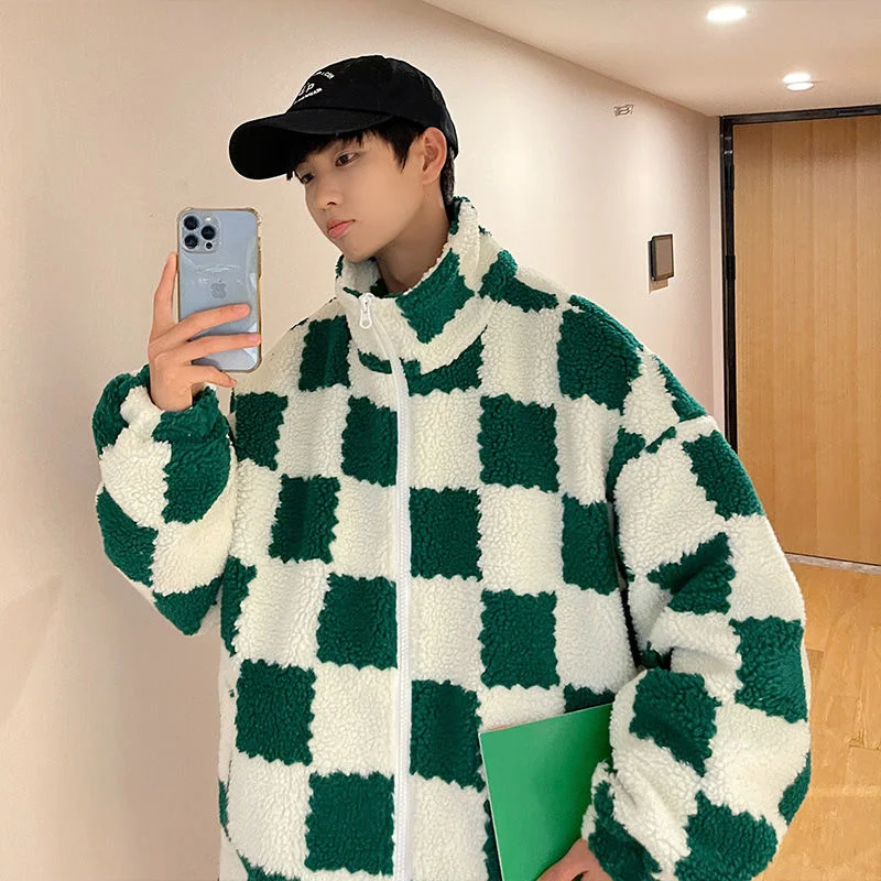 Winter Thick Jacket Men Warm Fashion Grey/Green Casual Plaid Coat Men Streetwear Loose Short Coat Mens Lambswool Jacket S-2XL