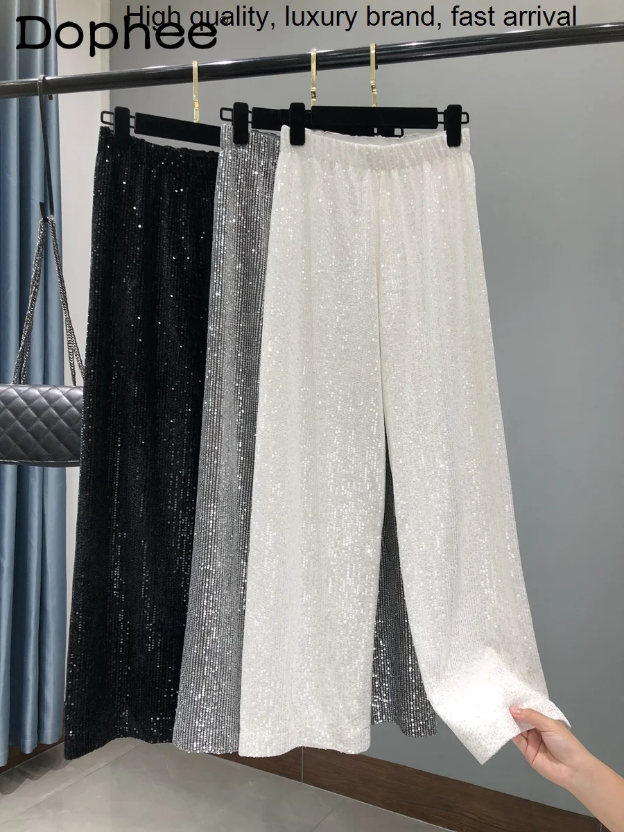 New 2023 Spring Korean Velvet White Sequined Wide-Leg Women Loose Drooping Slimming Straight Long Pants Female Pantalon