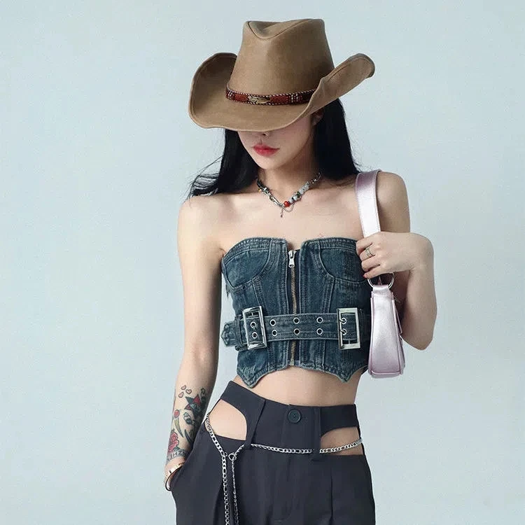 

Индивидуализированный джинсовый топ в стиле ретро, женская летняя верхняя одежда, жилет для инструментов, куртка, нишевой дизайн