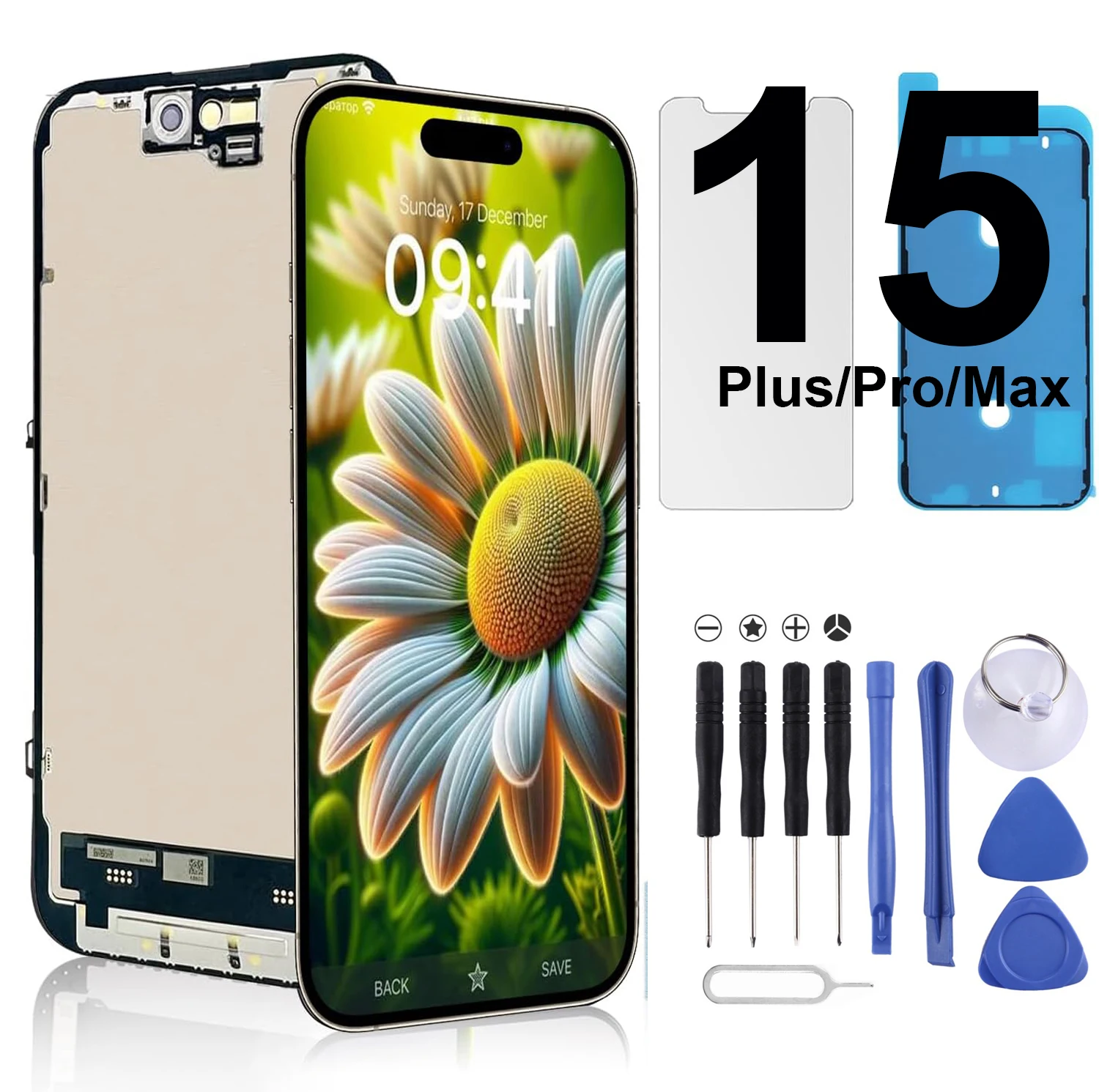 Фото Замена экрана для iPhone 15, 15 Plus, Pro Max: полный комплект LCD-дисплея Full HD и сенсорного дигитайзера, включая инструменты для ремонта и защитное стекло. №1