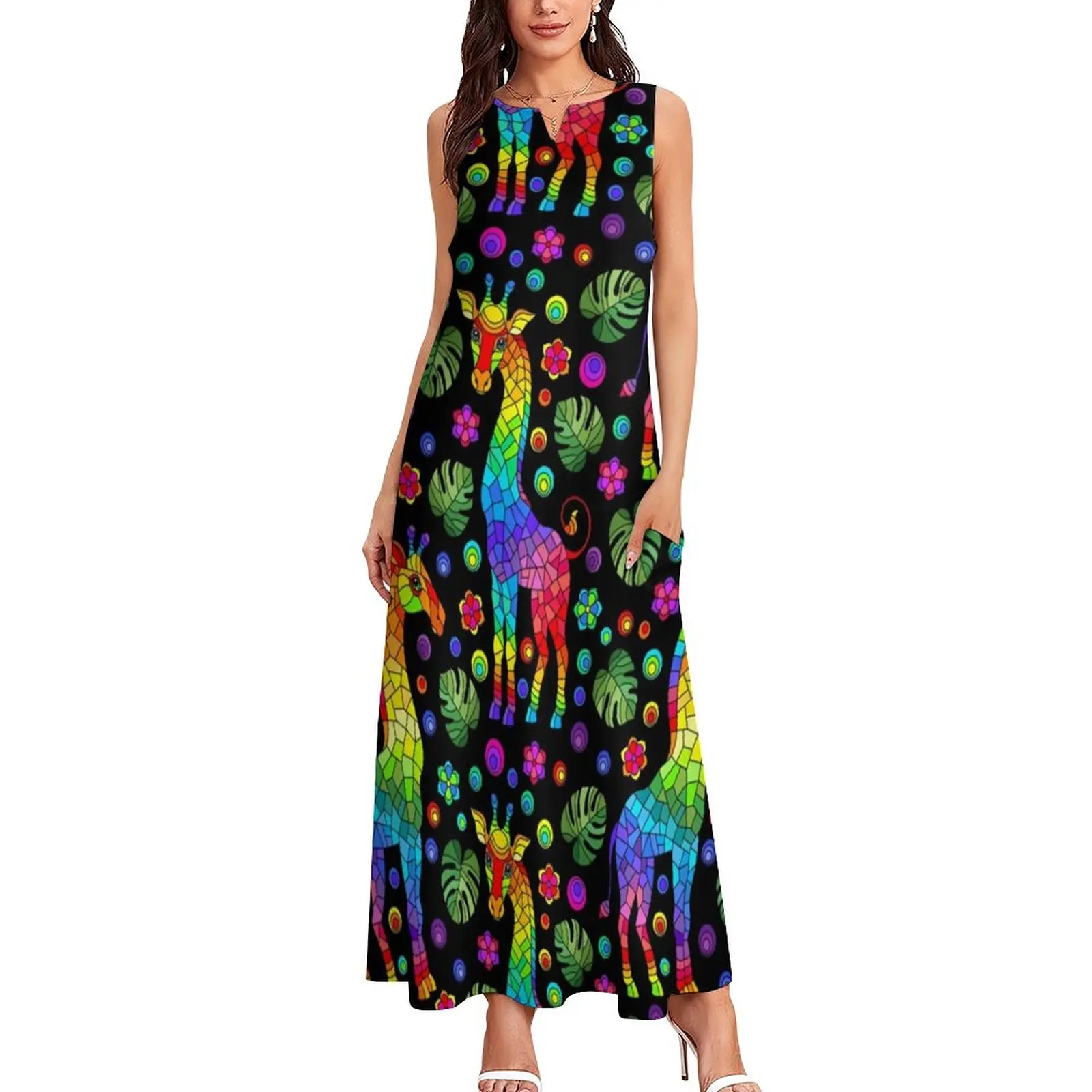 

Abstract Giraffe Dress Summer Colorful Animal Print Street Fashion Bohemia Long Dresses Graphic Vintage Maxi Dress 3XL 4XL 5XL