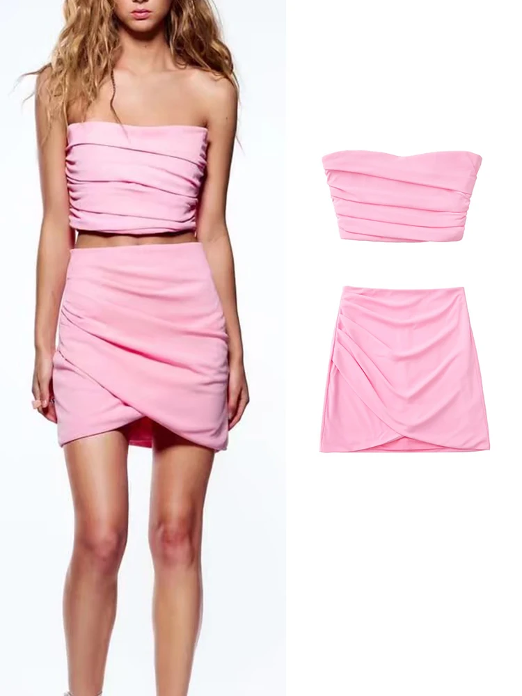 

TFMLN 2 шт. Новинка 2022 Женская Однотонная юбка комплект Повседневный эластичный Топ без бретелек + плиссированная Женская юбка с высокой талие...