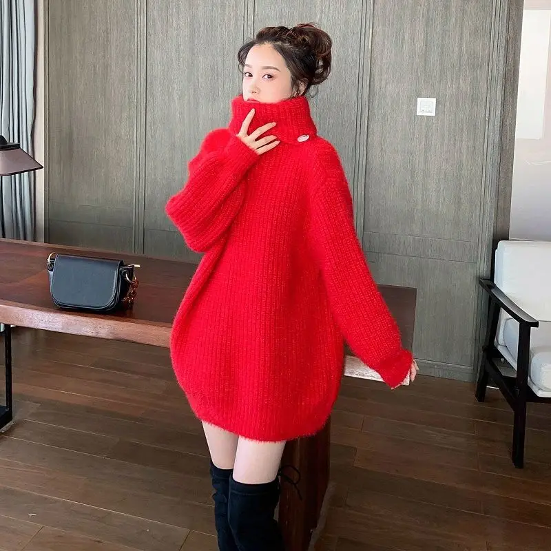 

Women Turtleneck Knitted Dress Female Loose Elastic Oversize Basic Bodycon Sweater Dress Ladies Knit Warm Dress Vestidos G396