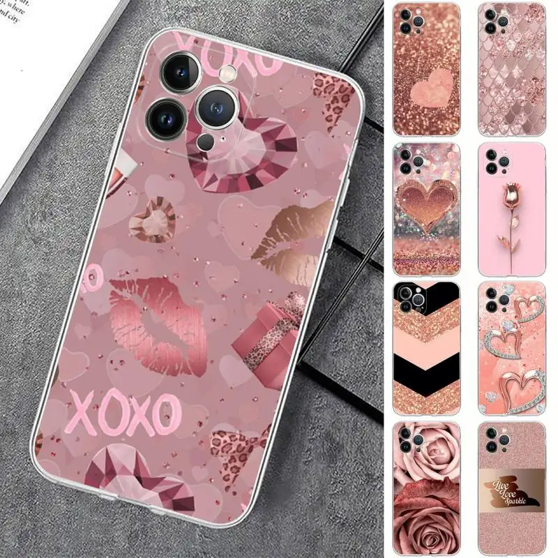 

Love Rose Gold Phone Case For iPhone 14 13 12 Mini 11 Pro XS Max X XR SE 6 7 8 Plus Soft Silicone Cover