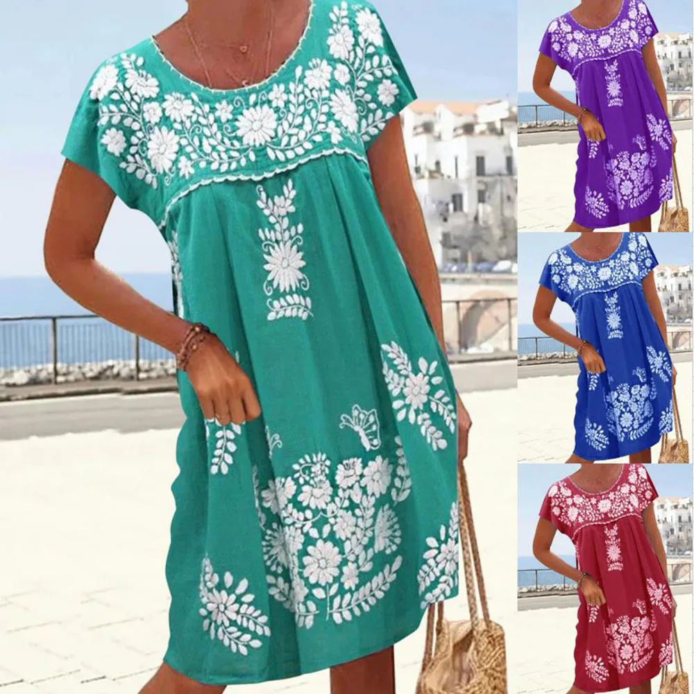 

Elegant Women's Loose Dresses Flower 2023 Summer Ethnic Style Round Neck Raglan Casual Short Sleeve Dress S-5XL