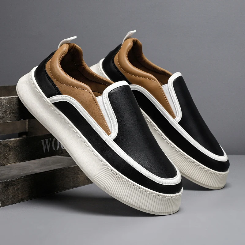 

Autumn Casual Leather Shoes Man Flats Sneakers Round Toe Design Youth Male Slip On Sneakers Daily Driving Footwear Zapatillas