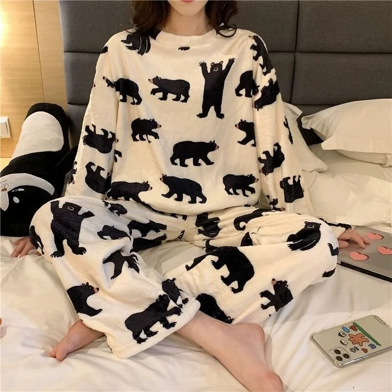 

Autumn Winter Warm Flannel Women's Pajamas Thick Coral Velvet Long Sleeve Cartoon Sleepwear Comfort Loungewear Woman Pyjana Set