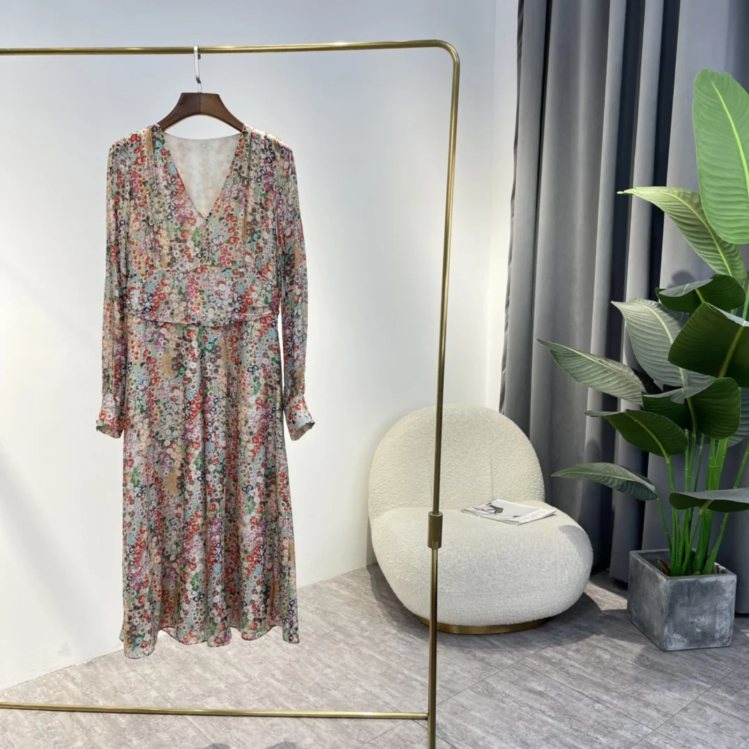 

Vintage Natural Silk Floral Dress 2022 Spring Summer Top Quality New Arrival Ruched Waist Elegant V-neck Midi Length Daily Wear