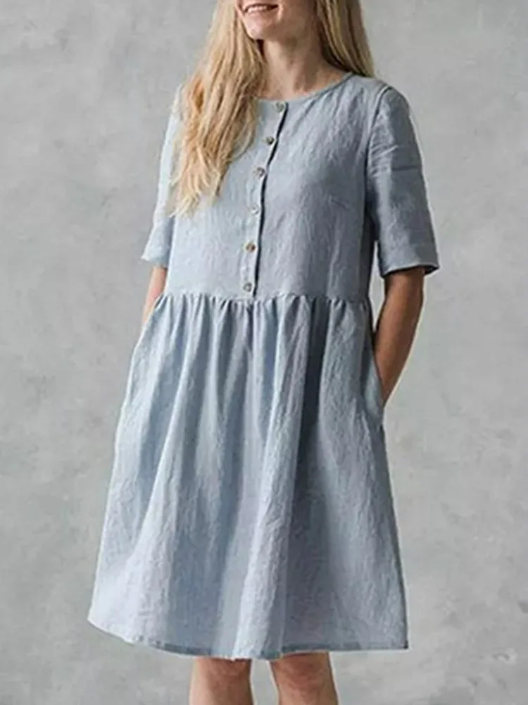 

Summer Women O-neck Simple Short Sleeved Dress Elegant Solid Button Pleated Mini Dress New Vintage Loose Pocket Harajuku Dresses