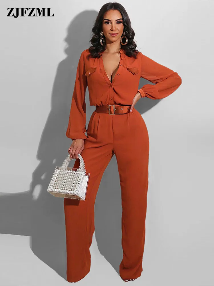 

Single-breasted Office Lady Slim Jumpsuits for Women Deep V Neck Full Sleeve Straight Playsuit Elegant Solid Female Long Overall