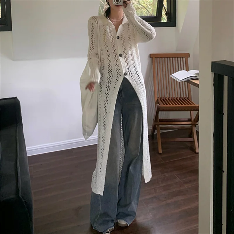 

Fashion Women's Knitted Hollowed Out Cardigan Turn Down Collar Y2k Aesthetic Casual Solid Grunge Harajuku Long Sweater Coat P538