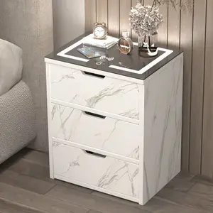 Smart Bedside Table Marble Color Multi-function Simple Modern Wireless Charging with Touch LED Light Light Bedroom Nightstands
