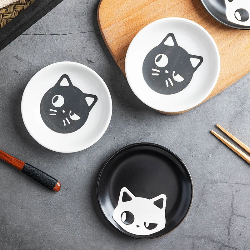 

Creative Ceramic Small Plate Korean Cartoon Cat Soy Sauce Vinegar Seasoning Dish Round Sauce Dish Kitchen Supplies Dropshipping